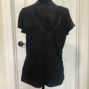 INC International Concepts Women'sT-Shirt Beaded V-Neck Short Sleeve Black Large